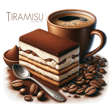 A slice of tiramisu rests beside a cup of Tiramisu Flavored Coffee, coffee beans, a spoon, and cocoa powder on a white background. The product name Tiramisu Flavored Coffee appears in the top left corner.